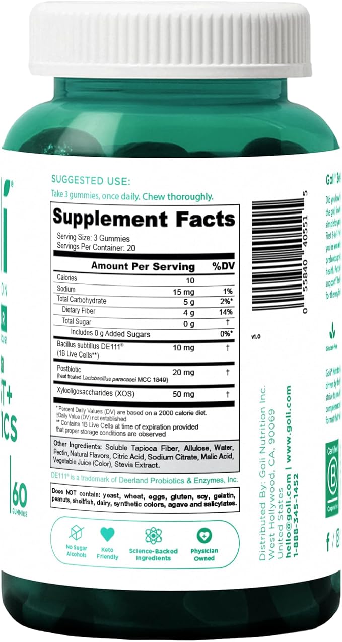 Goli Zero Sugar Pre Pro Postbiotic Gummies, 60 Count Each (3 Pack, 180 Total) - Worlds First 3-in-1 with DE111, XOS, MCC1849 - No Sugar Alcohols - Vegan, Keto-Friendly, Non-GMO