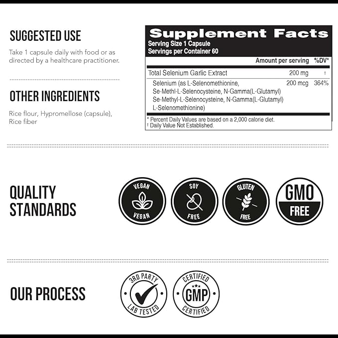 Total Selenium - 200 mcg, Plant-Based Selenium - Full Spectrum, Contains 4 Essential Organic Forms of Selenium Including Selenomethionine - Derived from Garlic - 60 Capsules