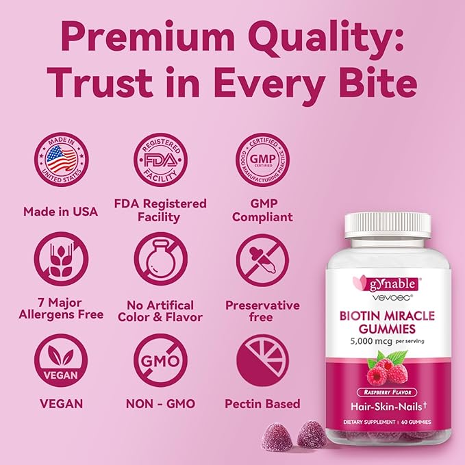 Hair Skin and Nails Vitamins: Biotin Gummies - 5000mcg Biotin for Hair Growth and Stronger Nails for Women & Men - Vegan Gummy Vitamin B7, 30 Days Supply, Raspberry,60 Counts