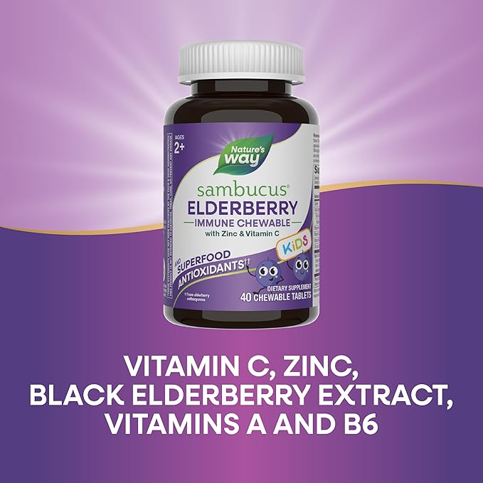 Nature's Way Sambucus Elderberry Immune Chewable for Kids, Ages 2+, Immune Support*, Vitamin C, Zinc, with Superfood Antioxidants(1), Gluten Free, 40 Chewable Tablets (Packaging May Vary)