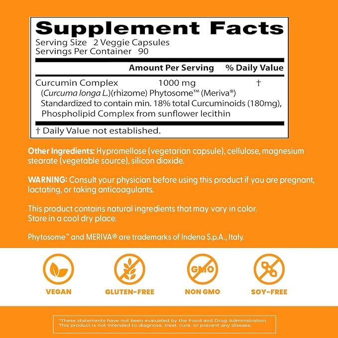 Doctors Best Curcumin Phytosome Supplement for Men & Women - Curcumin Complex Capsules 1000 mg Per Serving, Joint Health Support, Bioavailable Formula, Gluten Free, Soy Free, Vegan - 180 Veg Caps