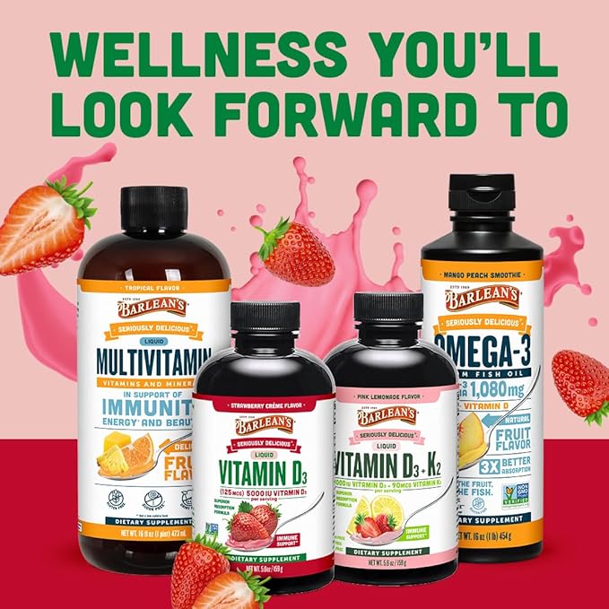Barlean's Pack of 2 Vitamin D3+K2 Liquid Supplement for Kids and Adults, 5000 IU Vitamin D, Pink Lemonade, Non-GMO, Gluten and Dairy Free, 5.6 oz Each