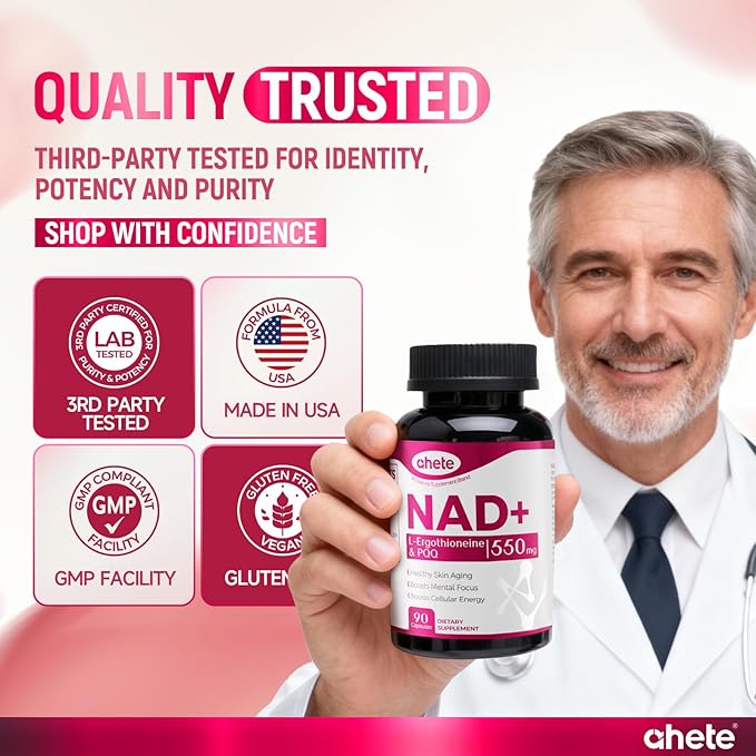 NAD Supplement with L-Ergothioneine, PQQ, Vitamin B6, and NMNH Supplement - for Cellular Health, Energy Support and Healthy Aging for Women & Men - Vegetarian, Non-GMO, Gluten Free- 90 Capsules
