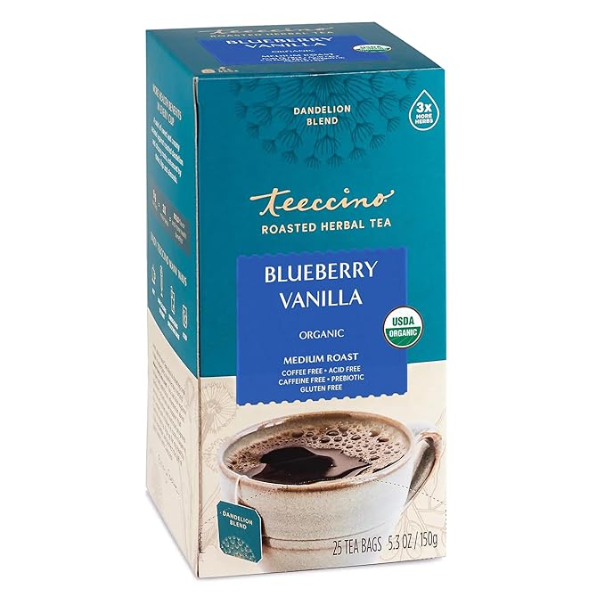 Teeccino Dandelion Blueberry Vanilla Herbal Tea - 25 Tea Bags - Rich & Roasted Herbal Tea That’s Caffeine Free & Prebiotic for Natural Energy, Coffee Alternative