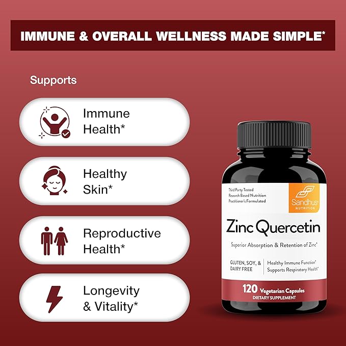 Sandhu's Zinc Quercetin 120 Vegetarian Capsules (Pack of 3) | High Absorption Zink Supplements for Immunity and Seasonal Allergy | Antioxidant Immune Support for Men and Women | Easy to Swallow