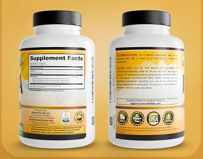 NaturaLife Labs Organic Maca Root – Black, Red & Yellow – 1900 mg per Serving – 150 Capsules – Gelatinized Peruvian Maca – Non-GMO, Gluten-Free, Vegan