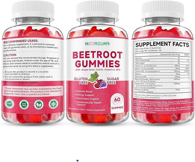 Beetroot Gummies with Grape Seed, Niacin, CoQ10, Vitamin C, B12, L-Citrulline & L-Arginine, Antioxidant Support, Sugar-Free Beet Root Supplement for Women & Men, 60 Count