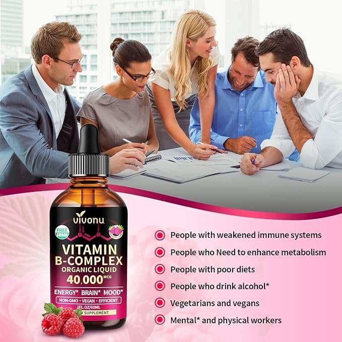 VivoNu Vitamin B Complex Liquid Drops, Methylated Vitamin B12 6000 mcg, B1, B6, B3, B5, B2, Folate, Biotin, Magnesium, Zinc, CoQ10 for Metabolism* & Energy Support, Raspberry Flavor - 2 Bottle