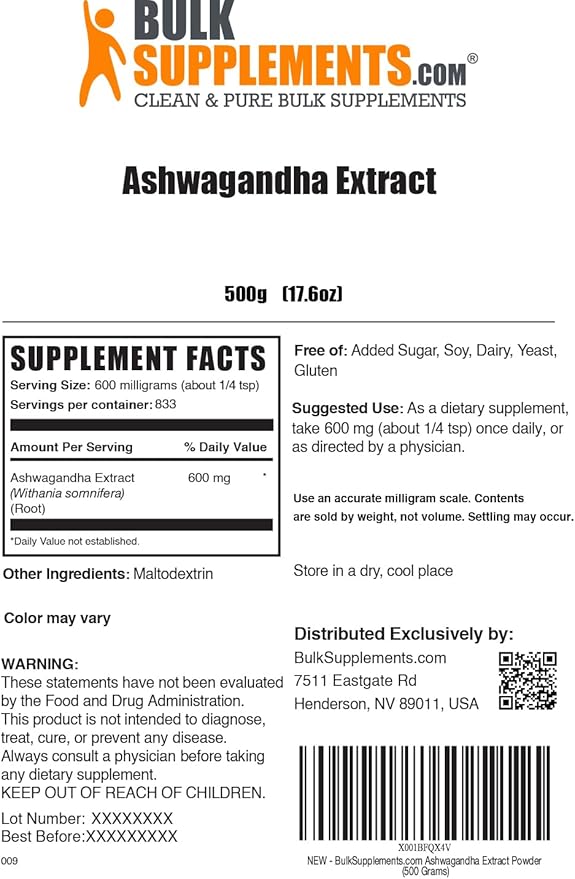 BulkSupplements.com Ashwagandha Root Extract Powder - Ashwagandha Supplement, Herbal Supplement - Vegan & Gluten Free, 600mg per Serving, 500g (1.1 lbs) (Pack of 1)