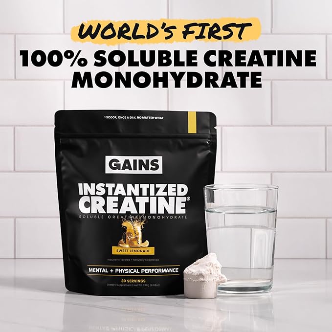 Gains in Bulk Instantized Creatine Monohydrate for Men & Women, Soluble Pre Workout Powder, Supports Muscle Building, Strength and Performance, Bodybuilding Supplements, Sweet Lemonade, 30 Servings