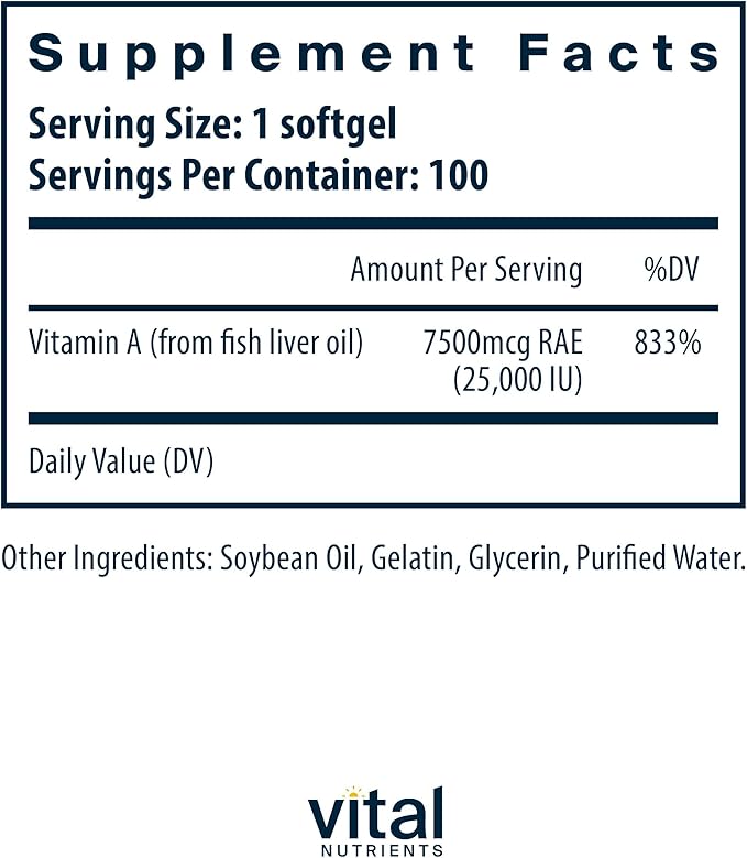 Vital Nutrients Vitamin A 7500mcg RAE - Vitamin A Supplement for Immune Function, Vision, Skin, and Cellular Health - Gluten, Dairy, Soy Free - Non-GMO - 100 Capsules