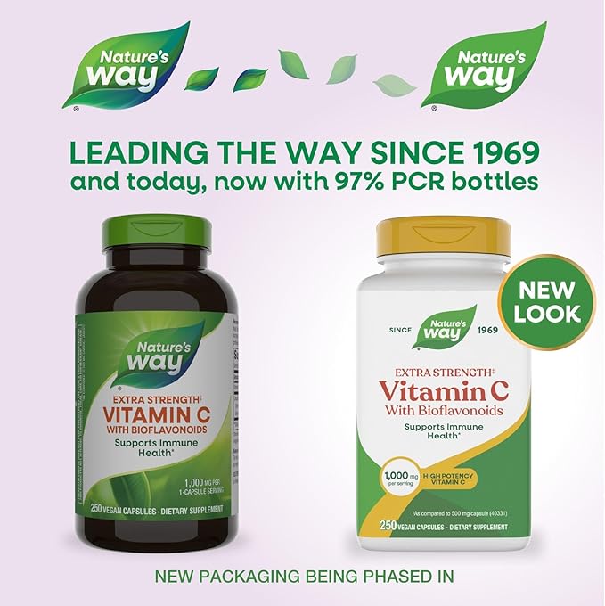 Nature's Way Extra Strength(1) Vitamin C with Bioflavonoids, Supports Immune Health*, Promotes Collagen Production for Healthy Skin*, 1,000 mg per Capsule, 250 Vegan Capsules (Packaging May Vary)