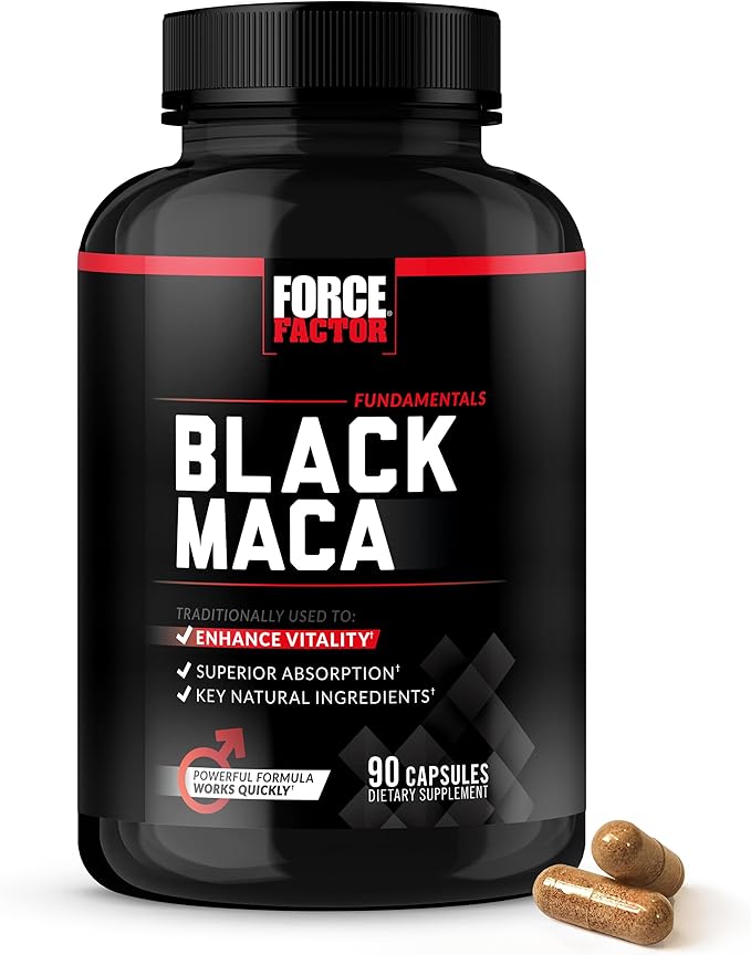 Force Factor Black Maca Root Supplement for Men, 1000mg Maca Negra Extract for Energy, Hormonal Balance & Vitality, Superior Absorption with BioPerine, 90 Capsules