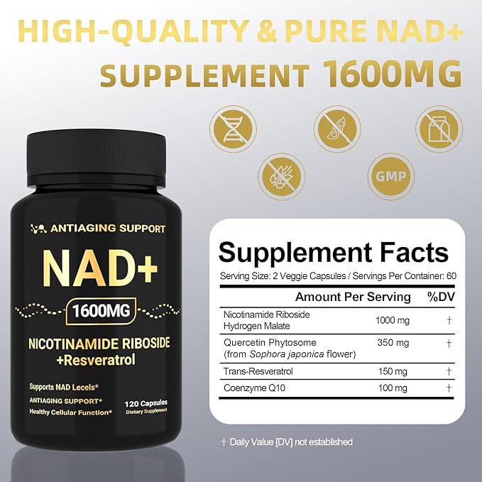 NAD Supplement 1600mg, NAD+ with Resveratrol & Nicotinamide Riboside, Anti-Aging Support, Cellular Energy & Mental Clarity Support, Vegan Non-GMO, 120 Capsules