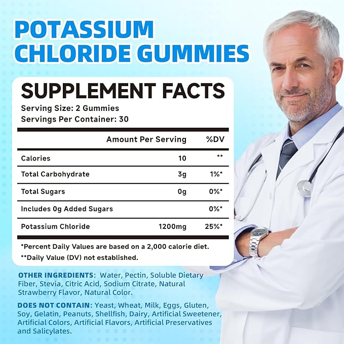 Potassium Chloride Gummies 1200mg for Adults & Kids, Sugar-Free Potassium Supplement Gummies Support Leg Cramps & Electrolyte Balance for Women & Men, Strawberry Flavor, 120 Count