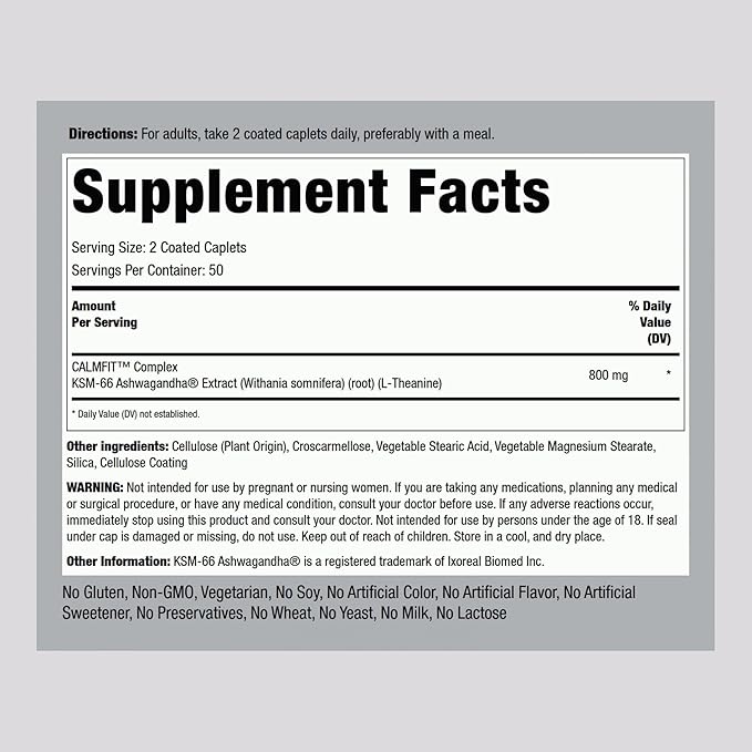 Piping Rock KSM-66 Ashwagandha Extract Supplement | 800mg Complex | 100 Caplets | Advanced Formula with L-Theanine | Vegan, Non-GMO, Gluten Free