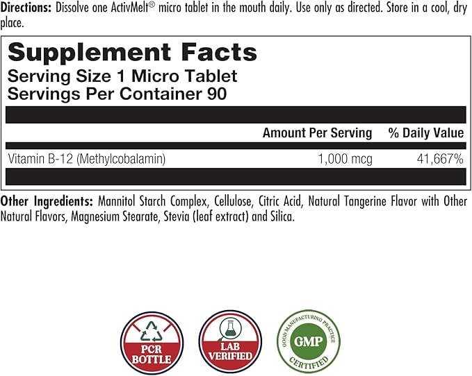 KAL Vitamin B12 Methylcobalamin 1000mcg, Healthy Energy, Metabolism, Nerve & Red Blood Cell Support,* Fast Dissolve ActivMelt, Optimal Absorption, Natural Tangerine Flavor, 90 Servings, 90 Micro Tabs
