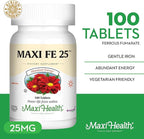 Maxi Health Iron Supplement for Women & Men - Gentle Iron 25 mg for The Stomach - Non Constipating* Pills - Kosher - Non GMO - Vegetarian (100 Tablets)