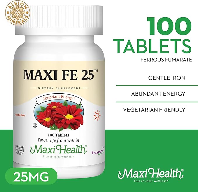 Maxi Health Iron Supplement for Women & Men - Gentle Iron 25 mg for The Stomach - Non Constipating* Pills - Kosher - Non GMO - Vegetarian (100 Tablets)