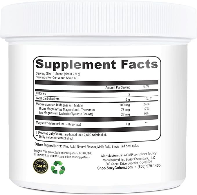 Suzy Cohen MagFocus Magnesium L-Threonate Powder with Magtein (Mixed Berry) Plus Magnesium Glycinate for Wellness, Focus, and Cognition - Gluten-Free, Non-GMO, Vegetarian (60 Servings)
