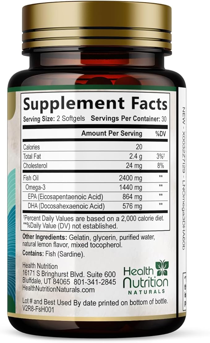 Omega 3 Fish Oil Supplements - 2400mg Fish Oil Per Serving - Triple Strength Omega-3 with EPA & DHA Fatty Acids - Natural Heart, Brain & Immune Support - Wild Caught, Bottled in USA - 60 Softgels