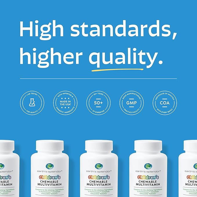 Earth's Splendor Kids Chewable Multivitamin, Supports Healthy Growth and Development, Delicious Taste, Contains Vitamin D for Healthy Bone Growth* - 60 Tablets