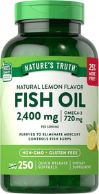 Nature's Truth Burpless Fish Oil 2400mg | 250 Softgels | 720 mg Omega 3 | Natural Lemon Flavor Pills | Non-GMO & Gluten Free Supplement