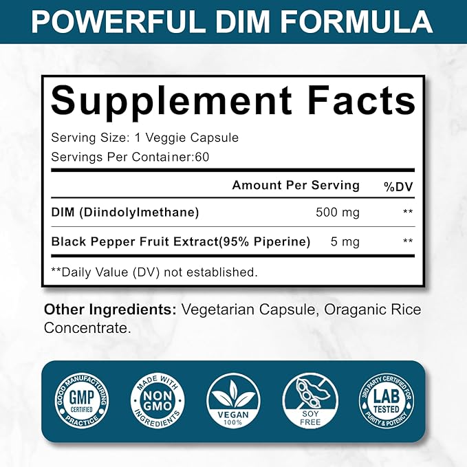DIM 500MG Supplement Ultra Formula – Hormone Metabolism & Estrogen Balance Support for Women & Men – Diindolylmethane with Black Pepper Extract for Maximum Absorption – Vegan & Soy-Free – 60 Capsules