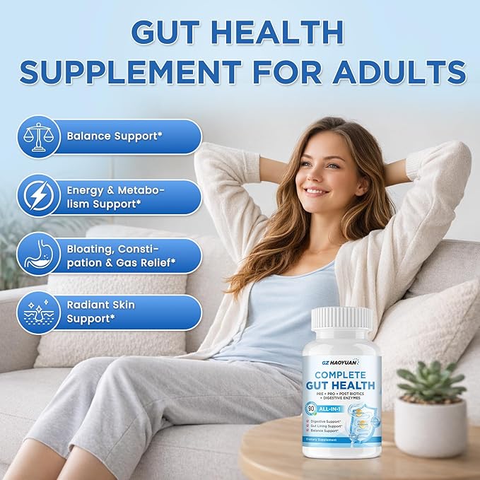 All-in-1 Gut Health with Probiotics, Prebiotics, Postbiotics & Digestive Enzymes for Women & Men, Complete Gut Health & Digestive Support Supplement, Immune Health Support, 90 Capsules