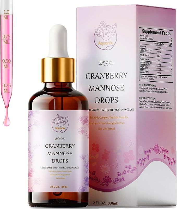 Cranberry & D-Mannose Drops for Women - Urinary* Tract Support - Liquid Herbal Tincture Supplement - Sugar-Free, Fast Absorption, 2 fl oz