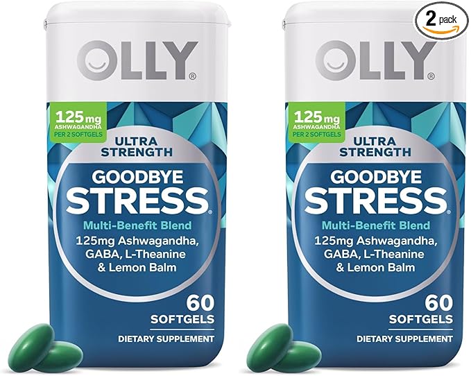 OLLY Ultra Strength Goodbye Stress Softgels, GABA, Ashwagandha, L-Theanine and Lemon Balm, Stress Relief Supplement - 60 Count (Pack of 2)