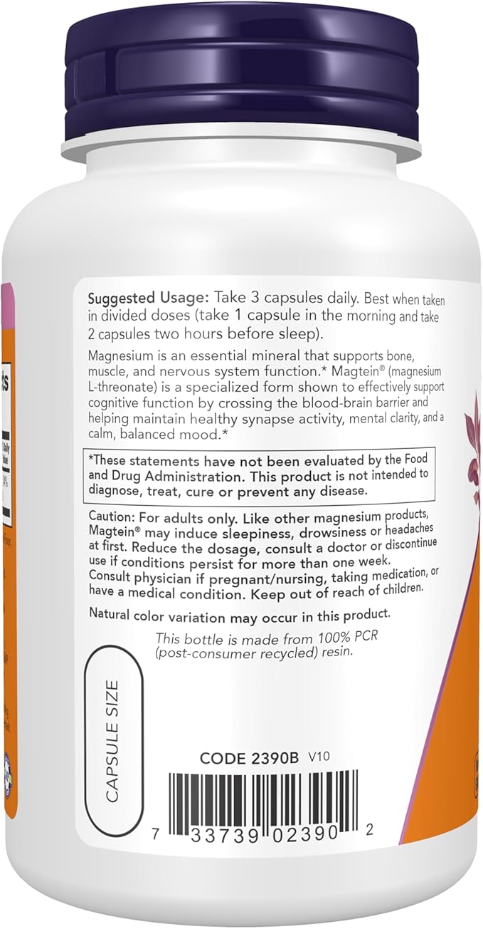 NOW Foods Supplements, Magtein™ with patented form of Magnesium (Mg), Cognitive Support*, 90 Veg Capsules