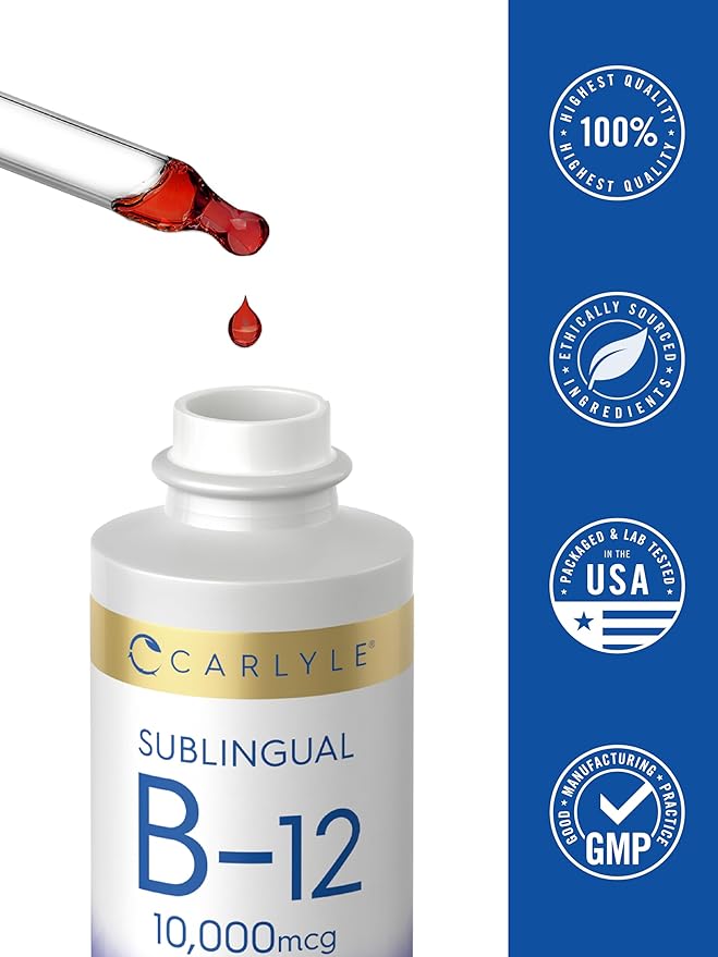 Carlyle Vitamin B12 Sublingual Liquid Drops | 10,000mcg | 2 fl oz | Vegetarian, Non-GMO, Gluten Free