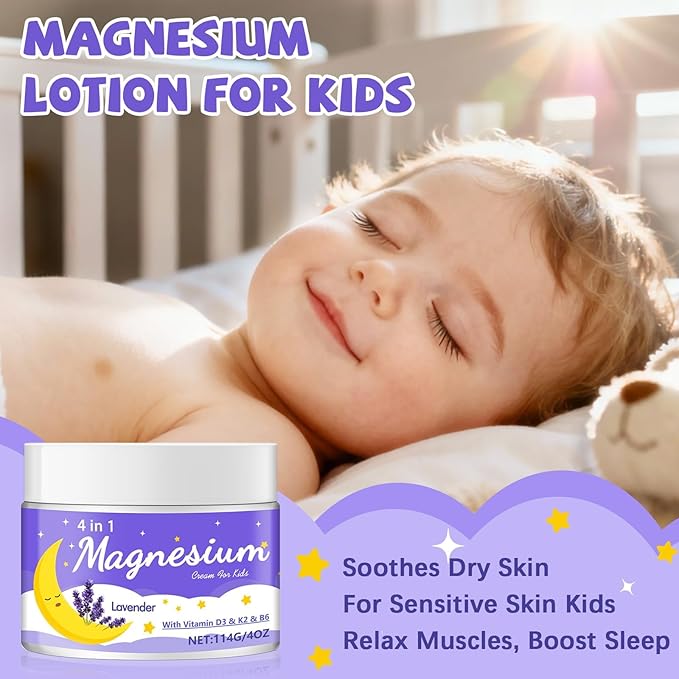 Magnesium Lotion for Kids & Babies, Lavender Magnesium Cream for Sleep, Natural Soothing Moisturizing Butter, Easy for Arms & Legs, Calms & Relaxes, All Night Relaxation (4 oz, Lavender)