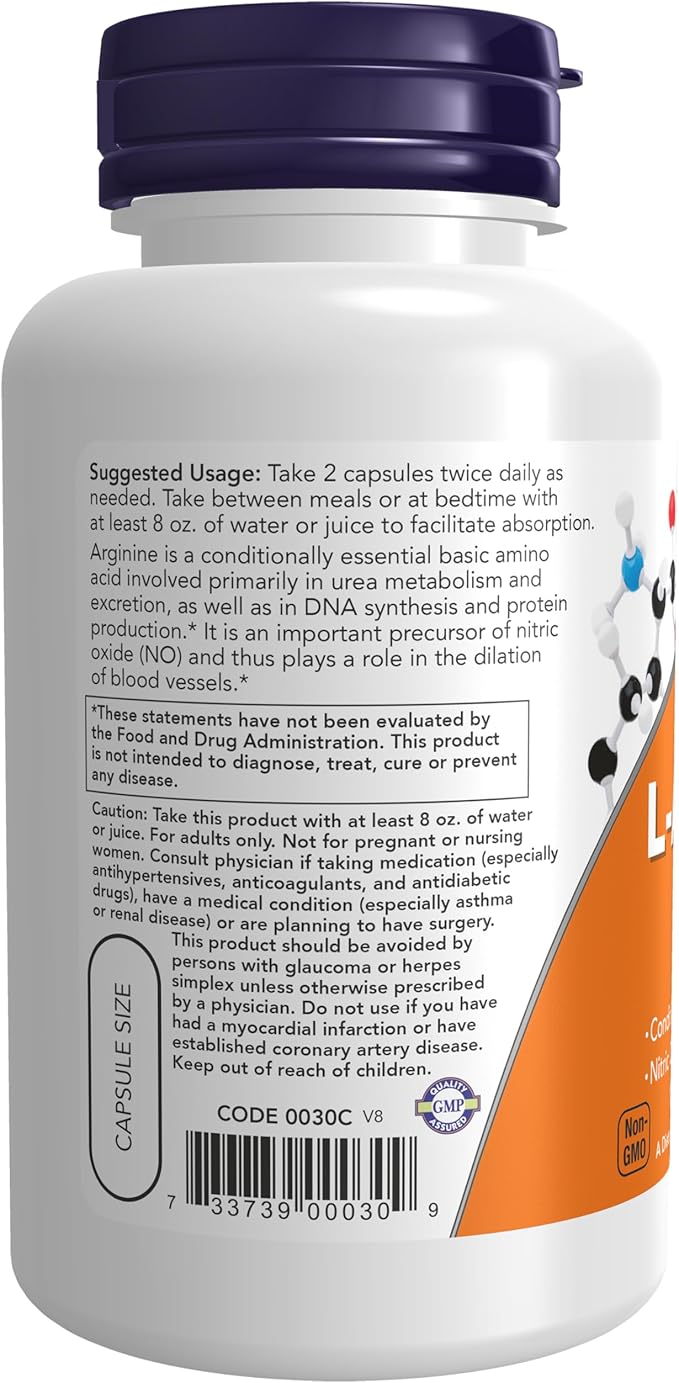 NOW Foods Supplements, L-Arginine 500 mg, Nitric Oxide Precursor*, Amino Acid, 100 Veg Capsules