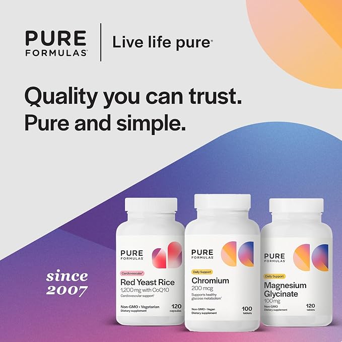 Pure Formulas Chromium 200 mcg Tablets, Glucose Metabolism Support Supplement for Daily Wellness, Non-GMO, Vegan, and Kosher, Chromium Nicotinate Glycinate for Metabolic Balance - 100 Count