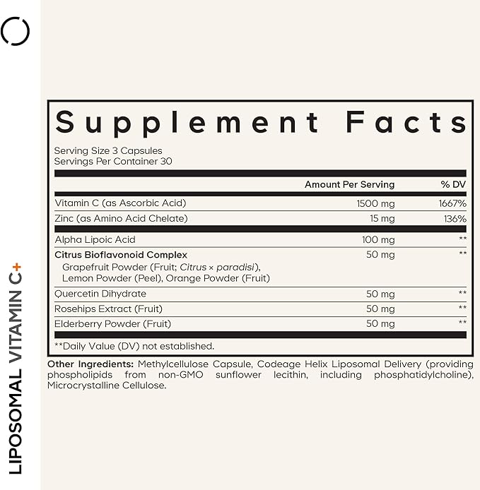 Codeage Liposomal Vitamin C Vitamins with Zinc, Elderberry, Citrus Bioflavonoids Ascorbic Acid, Quercetin & Rose Hips Fruit, Vitamina C Liposomal Supplement Pills - Non-GMO, Vegan - 90 Capsules