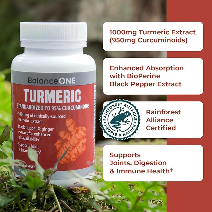 Balance ONE Turmeric Extract 1000mg with Max Strength 95% Curcuminoids - Turmeric Curcumin Supplement for Joint Comfort & Antioxidant Support - Ginger Extract and BioPerine - 1 Month Supply