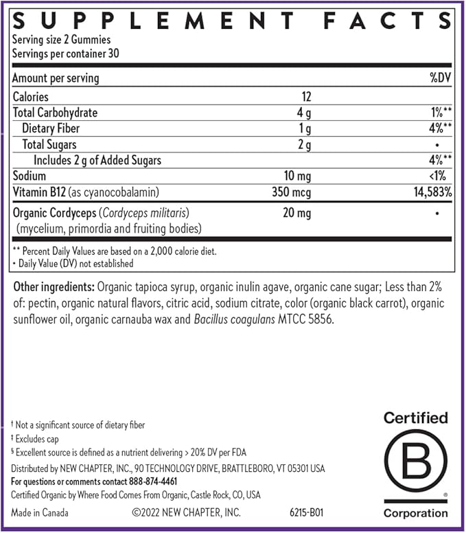 New Chapter® Organic Vitamin B12+ Gummies – 47% Less Sugar§, USDA Organic Vegan B12, Two Daily Gummies for Cellular Energy Support with Cordyceps, Non-GMO, Gluten Free, Raspberry Flavored, 60ct