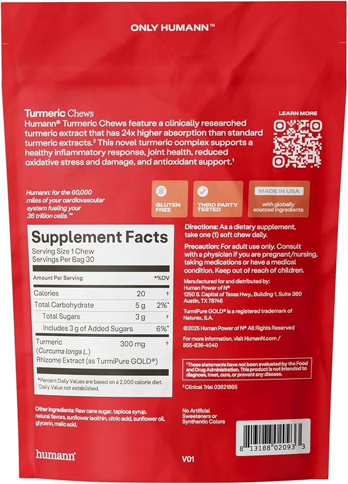 Humann Turmeric Chews Supplement – Clinically Studied High Absorption Curcumin Complex - Orange Citrus Flavor – from SuperBeets Makers – Joint Health – 30 Count