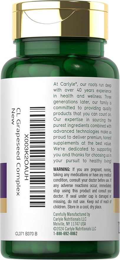 Carlyle Grape Seed Extract | 120 Quick Release Capsules | Standardized Extract Complex with Polyphenols | Non-GMO, Gluten Free Supplement