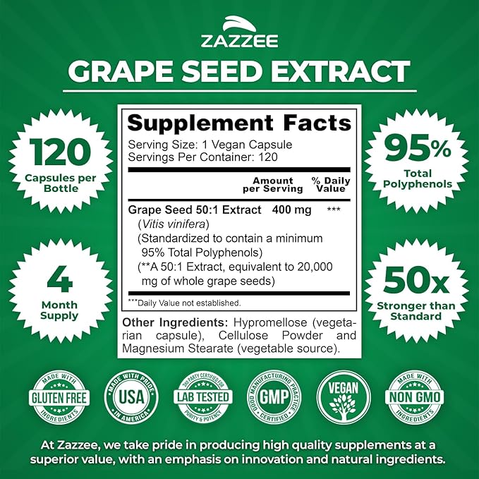 Zazzee High Strength Grape Seed 50:1 Extract, 120 Vegan Capsules, 95% Polyphenols, 400 mg per Capsule, 4 Month Supply, Antioxidant, Circulation & Blood Flow Support, Non-GMO, Made in the USA