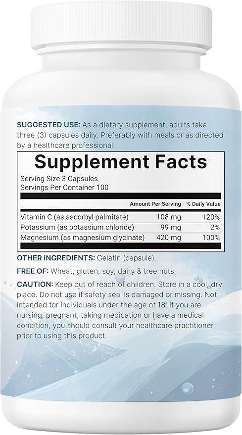 ﻿Pure Potassium Supplement with Magnesium Glycinate, 300 Capsules | Enhanced with Fat-Soluble Vitamin C | Chloride + Glycinate Mineral Electrolyte Complex | Only Active Ingredients | Filler Free
