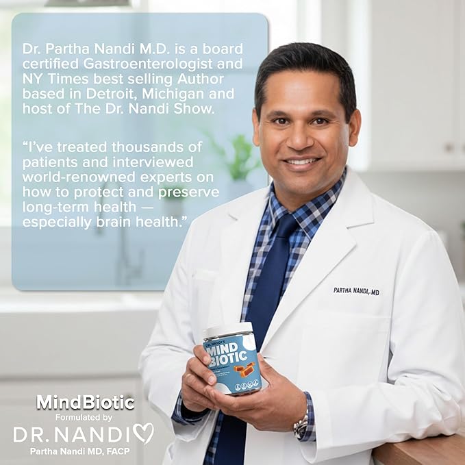 Dr. Nandi's MindBiotic Brain & Digestive Health Supplement - KSM-66 Ashwagandha, Probiotics & Prebiotics - Supports Memory, Focus, Energy & Gut-Brain Connection - 300MG - 60 Caramel Cinnamon Chews
