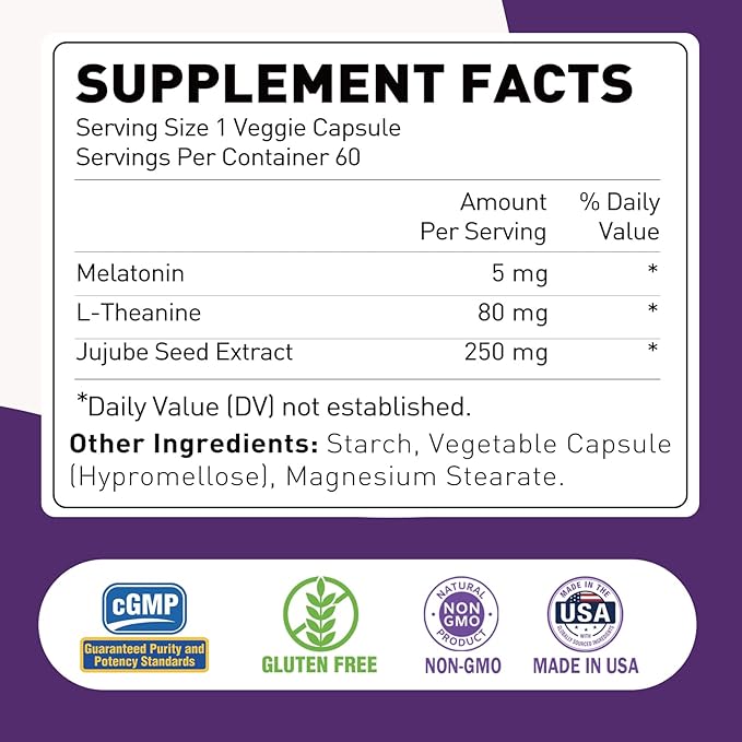 Melatonin 5mg Supplement with L-Theanine & Jujube Seed Extract, Support Sleep & Relaxation, Vegan, Non-GMO, 60 Capsules