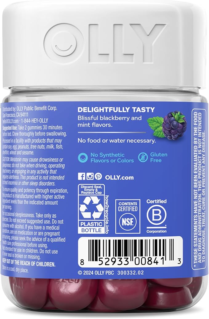OLLY Extra Strength Sleep Gummy, 5 mg Melatonin, L-Theanine, Chamomile, Lemon Balm, Sleep Aid, BlackBerry - 50 Count