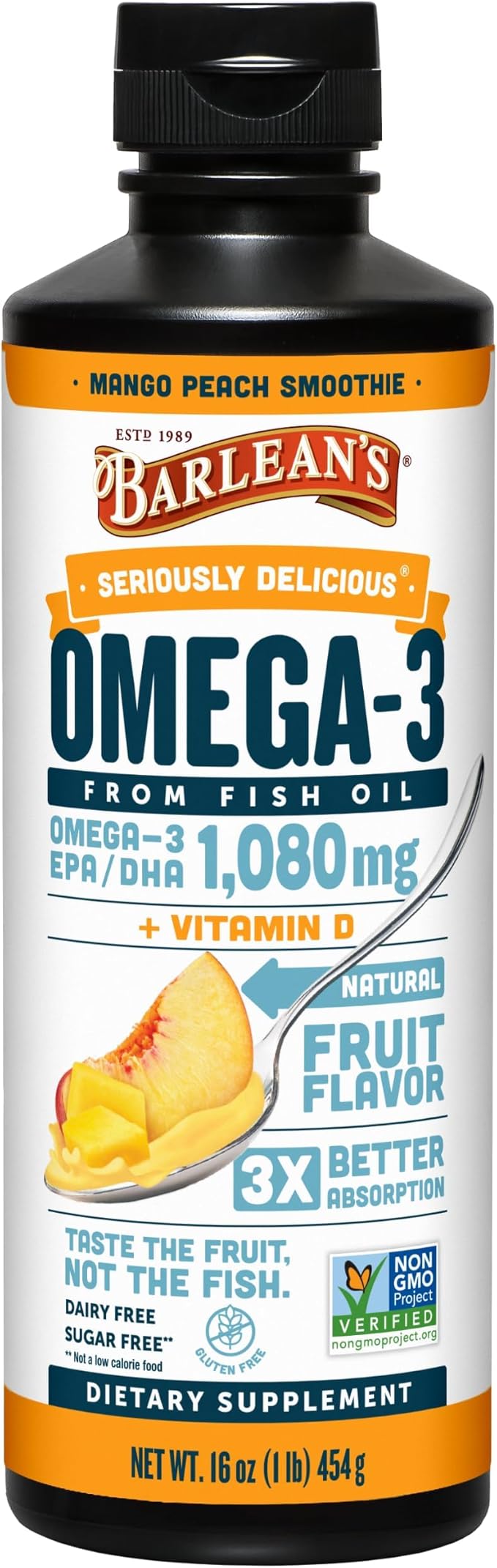Barlean's Omega 3 Fish Oil Liquid Supplement with Vitamin D for Men and Women, 1080mg of EPA and DHA Fatty Acid, Promotes Brain & Heart Health - Non-GMO, Mango Peach, 16 oz