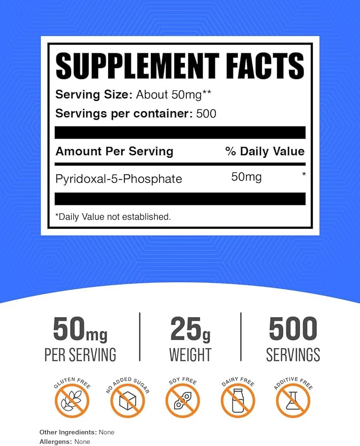BulkSupplements.com Pyridoxal 5 Phosphate Powder - P-5-P Vitamin B6 Supplement, P-5-P 50mg - P5P Supplement, Gluten Free, 50mg of per Serving, 25g (0.88 oz) (Pack of 1)