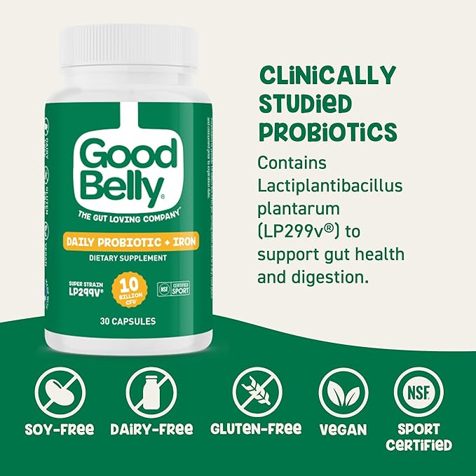 GoodBelly Probiotic Capsules for Digestive Health & Iron Absorption | Vegan Probiotic Supplement with 10 Billion Live Cultures | Probiotics for Women & Men | 30 Capsules