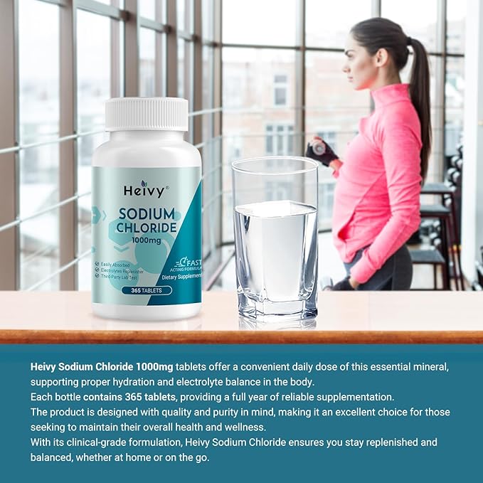 Heivy Sodium Chloride Tablets 1000mg - Pure Salt Tablets, 365 Tablets, Sodium Chloride, Non-GMO - Electrolyte Balance and Hydration Support, Electrolytes Replenisher Hydration Drink